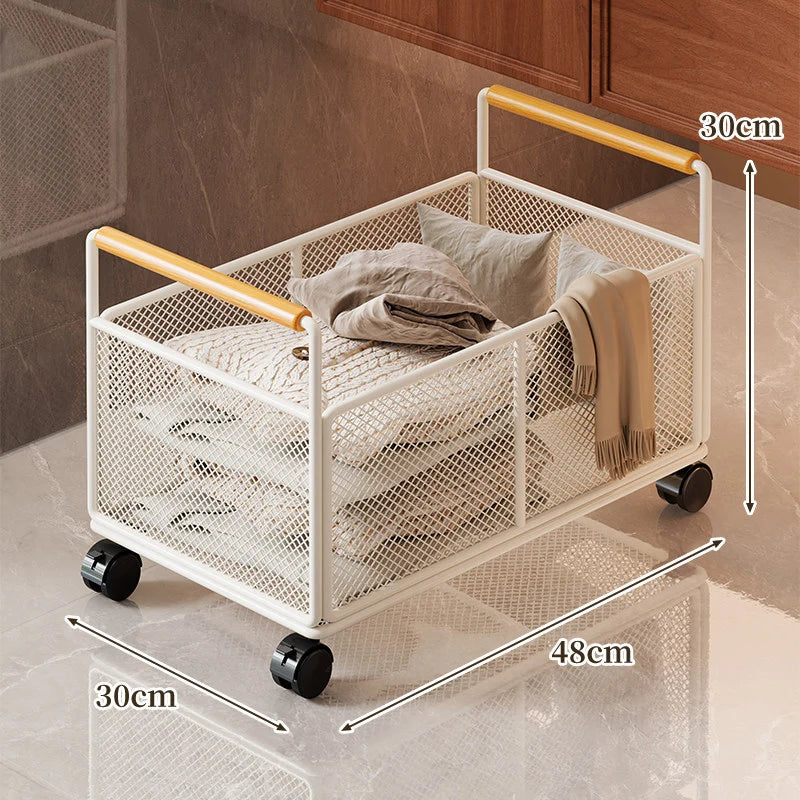 Storage Cart Open Mesh Wooden Handles With Swivel Casters