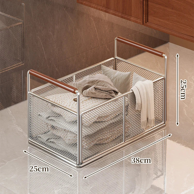 Storage Cart Open Mesh Wooden Handles With Swivel Casters