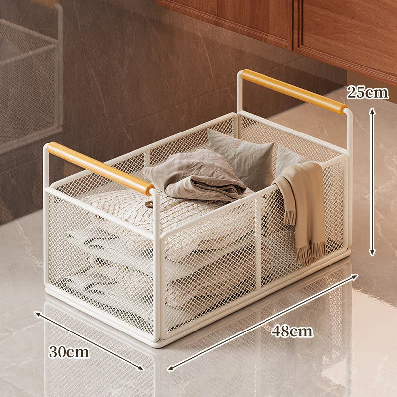 Storage Cart Open Mesh Wooden Handles With Swivel Casters