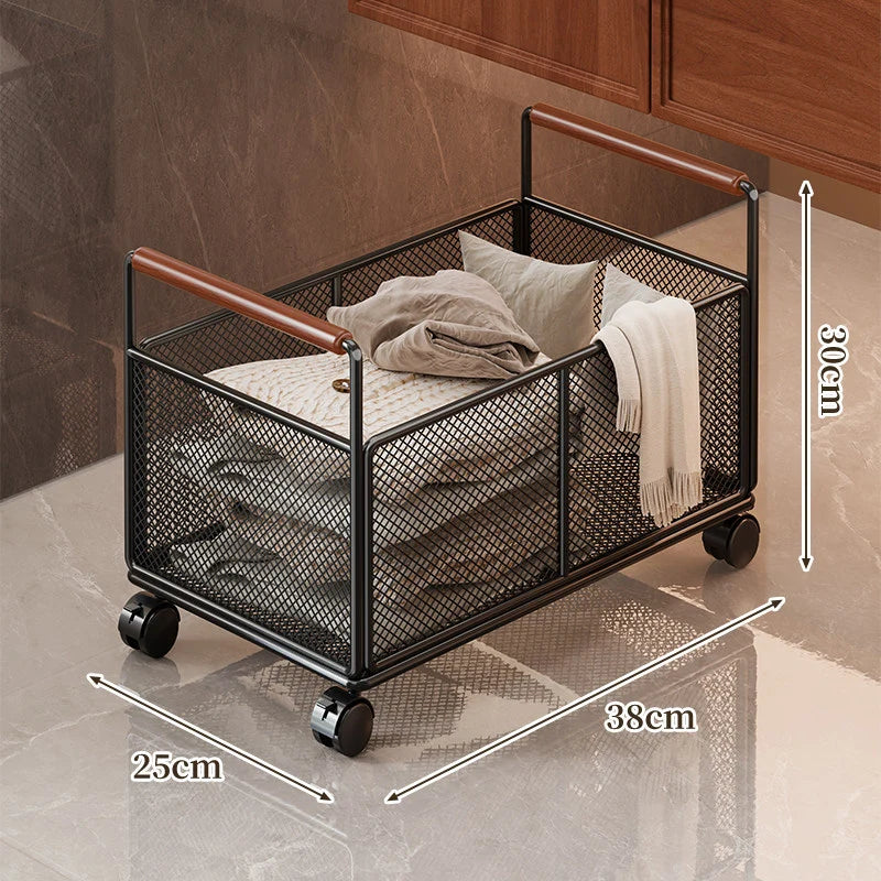 Storage Cart Open Mesh Wooden Handles With Swivel Casters
