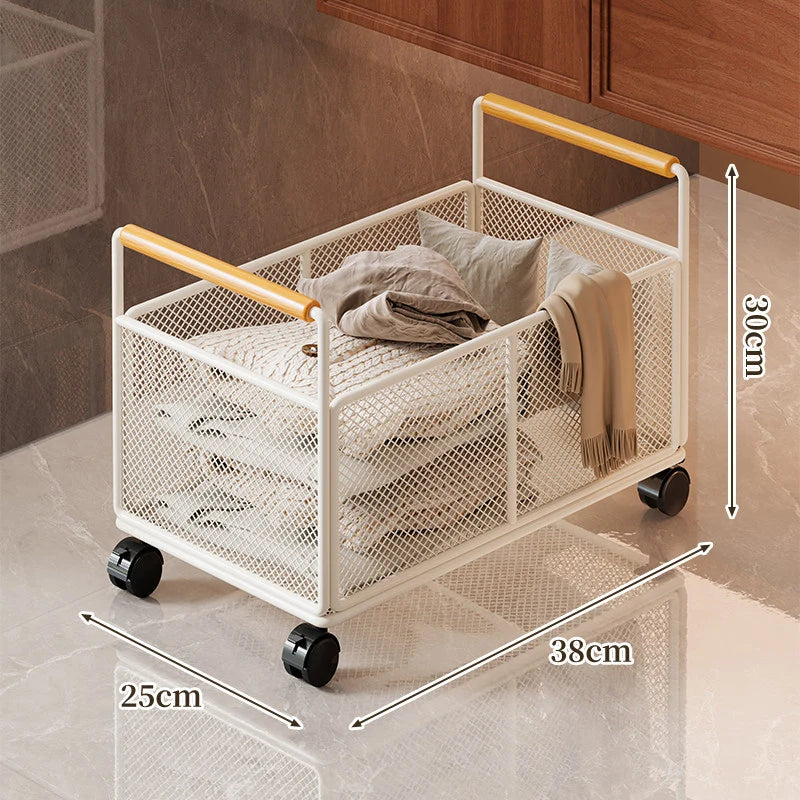 Storage Cart Open Mesh Wooden Handles With Swivel Casters