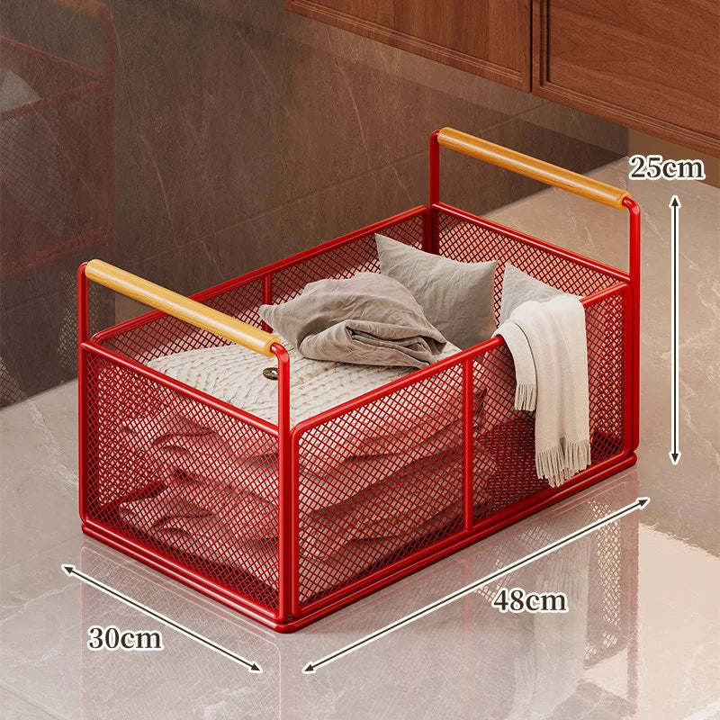 Storage Cart Open Mesh Wooden Handles With Swivel Casters