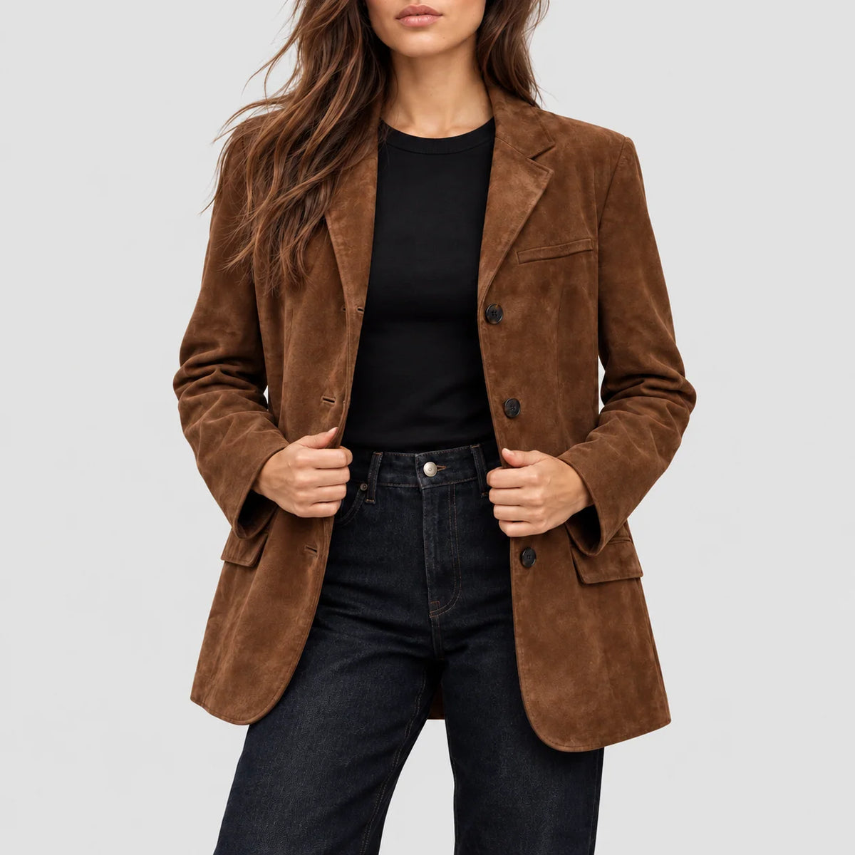 Suede Jacket Notched Lapel Side Pockets