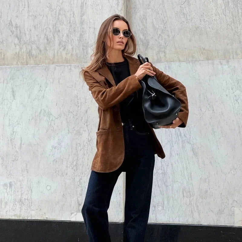 Suede Jacket Notched Lapel Side Pockets