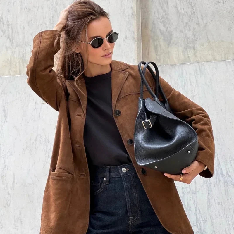 Suede Jacket Notched Lapel Side Pockets