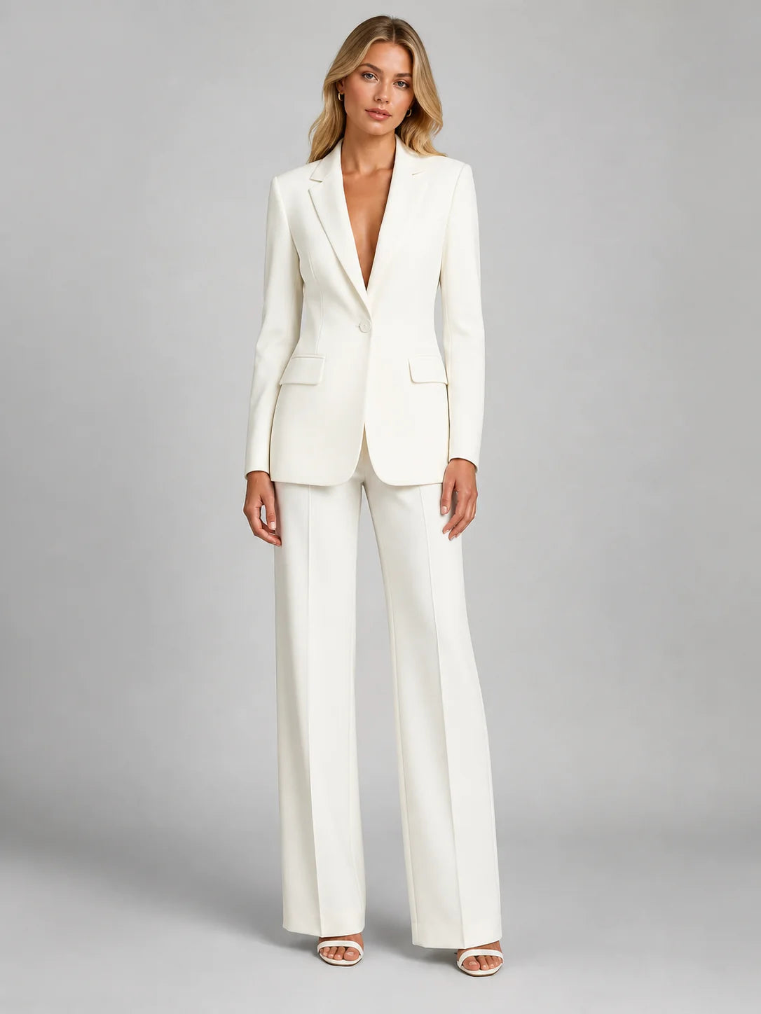 Suit Set Fitted Blazer Wide-Leg Trousers Lightweight Polyester Blend
