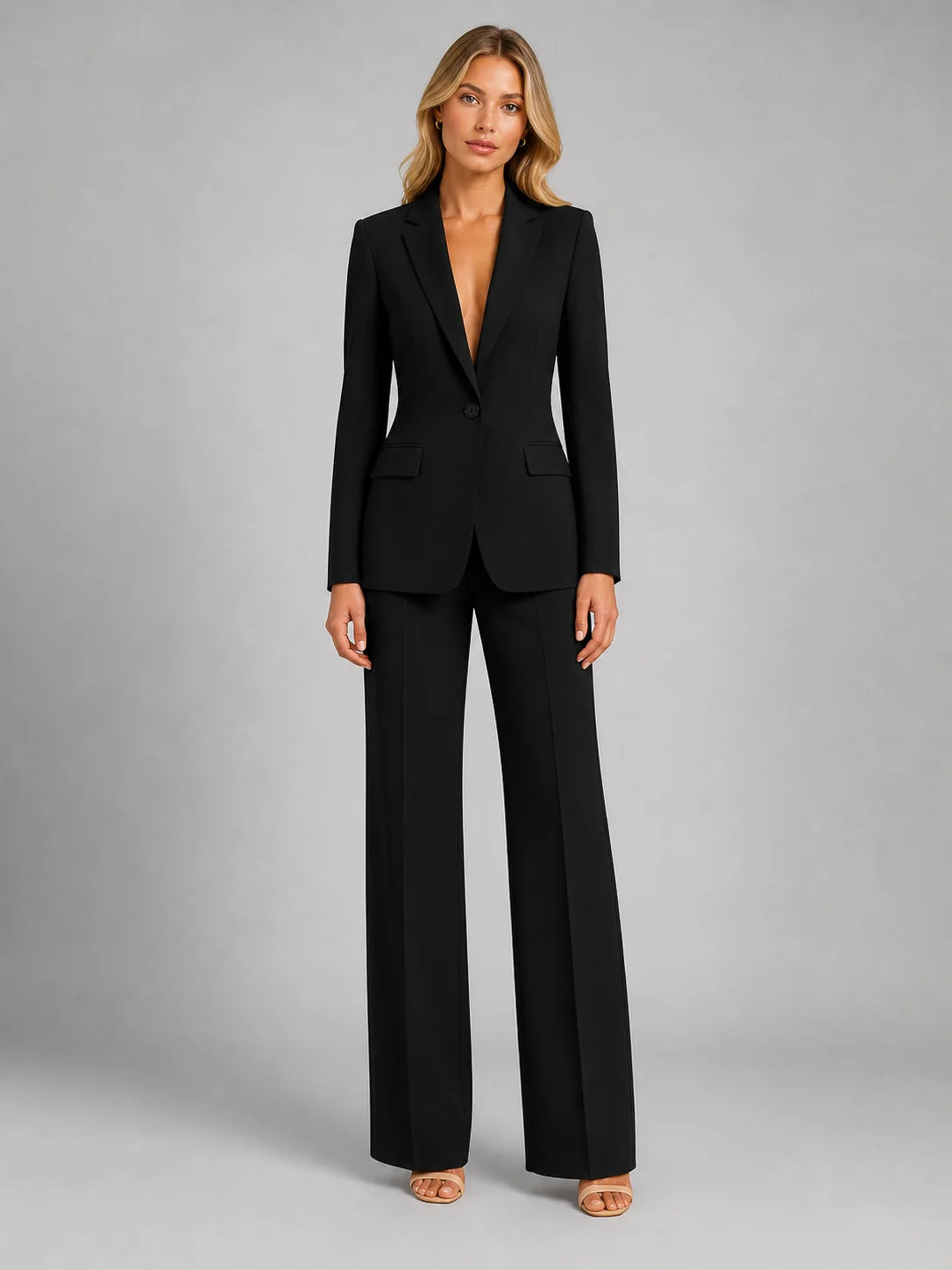 Suit Set Fitted Blazer Wide-Leg Trousers Lightweight Polyester Blend