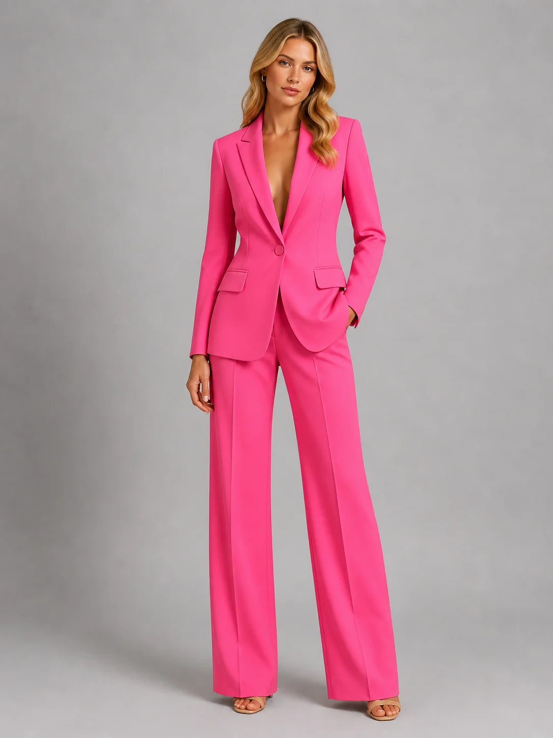 Suit Set Fitted Blazer Wide-Leg Trousers Lightweight Polyester Blend