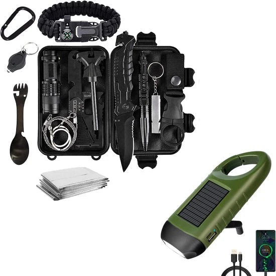 Survival Kit 15-In-1 USB Power Bank Hand-Crank & Solar