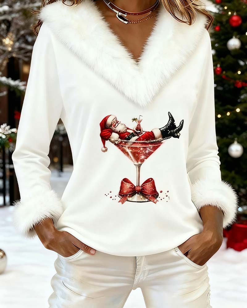 Sweater Christmas Print Plush Long Sleeve Relaxed Fit