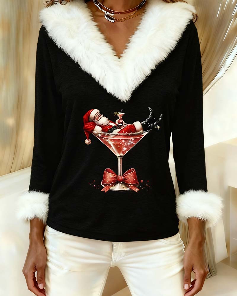Sweater Christmas Print Plush Long Sleeve Relaxed Fit