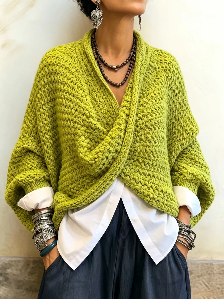 Sweater Chunky Knit Crossover V-Neck Batwing Sleeves