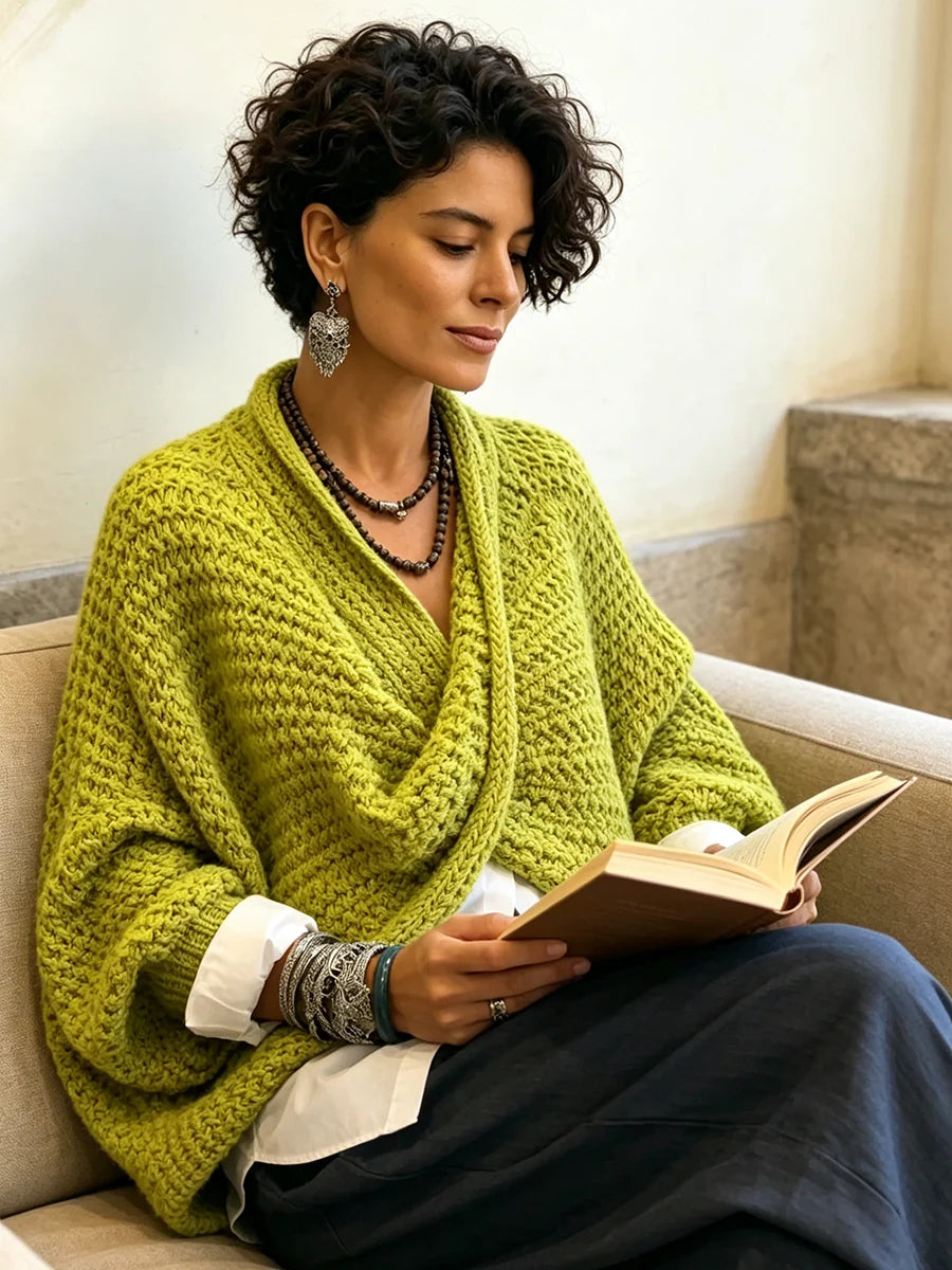Sweater Chunky Knit Crossover V-Neck Batwing Sleeves