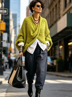 Sweater Chunky Knit Crossover V-Neck Batwing Sleeves