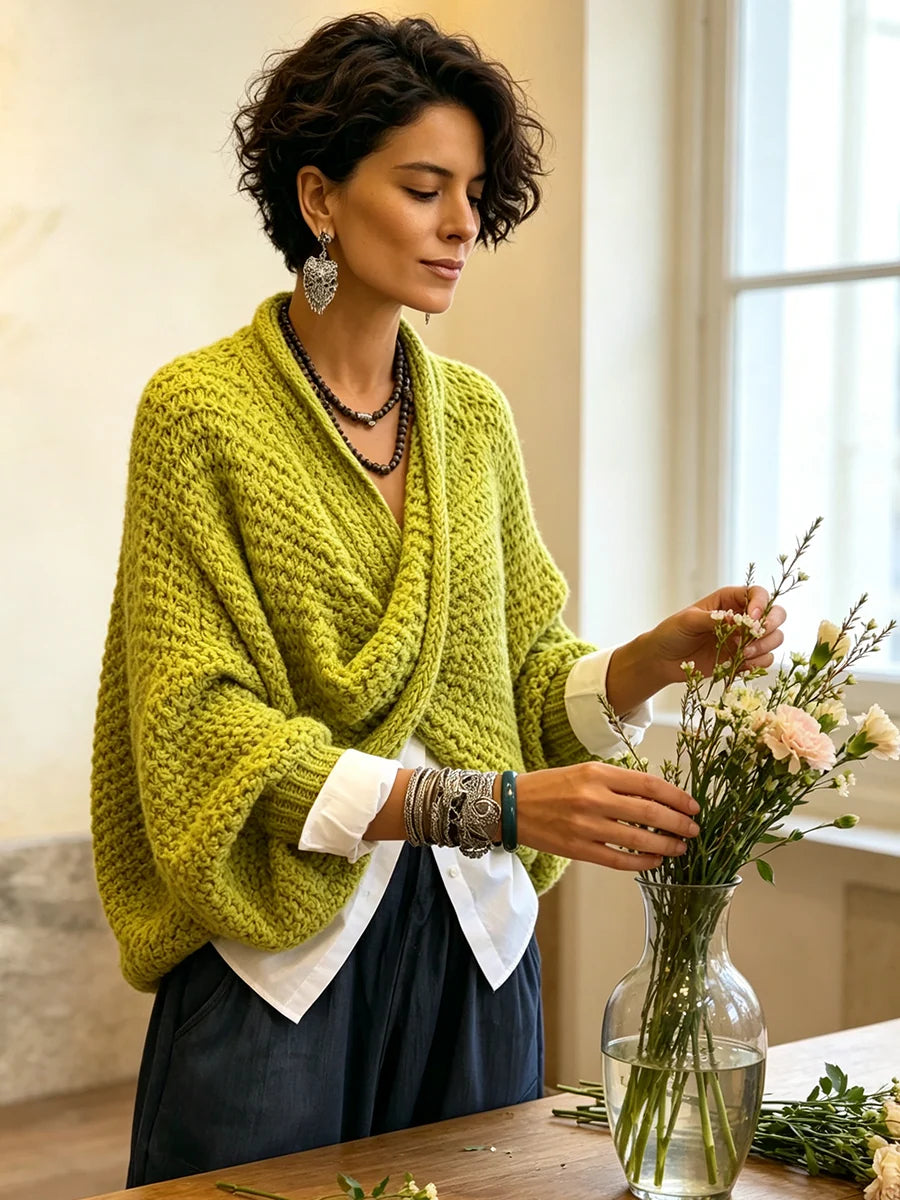 Sweater Chunky Knit Crossover V-Neck Batwing Sleeves