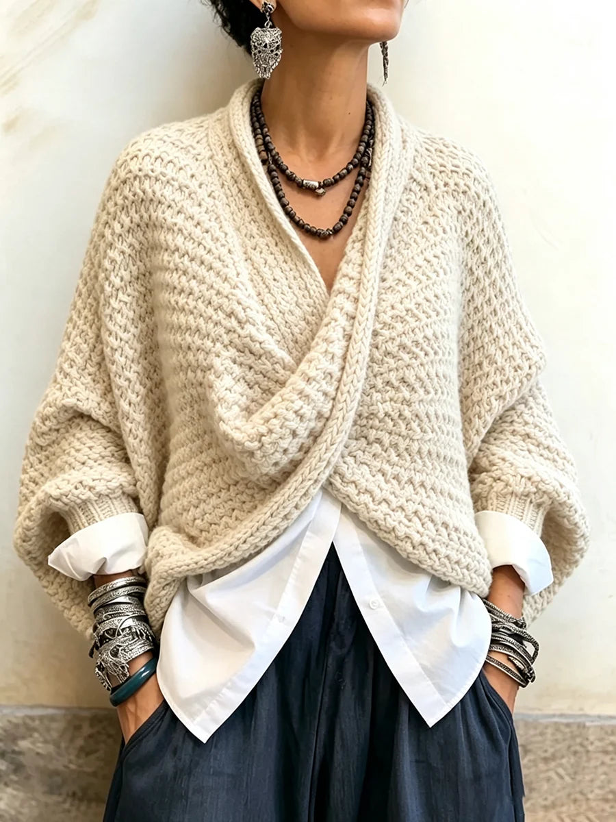 Sweater Chunky Knit Crossover V-Neck Batwing Sleeves