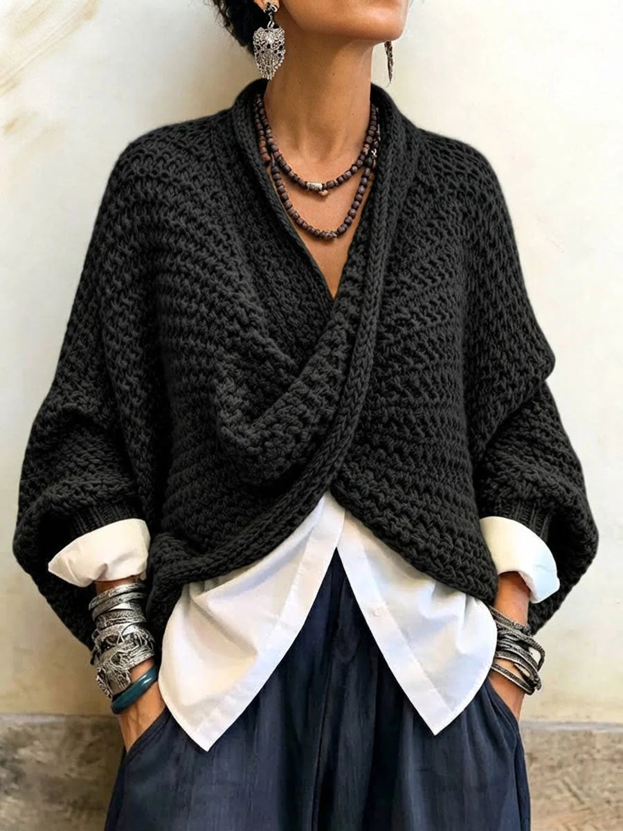 Sweater Chunky Knit Crossover V-Neck Batwing Sleeves