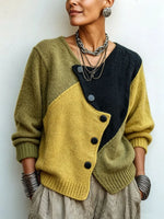 Sweater Color-Block Soft Knit Asymmetrical Button Closure
