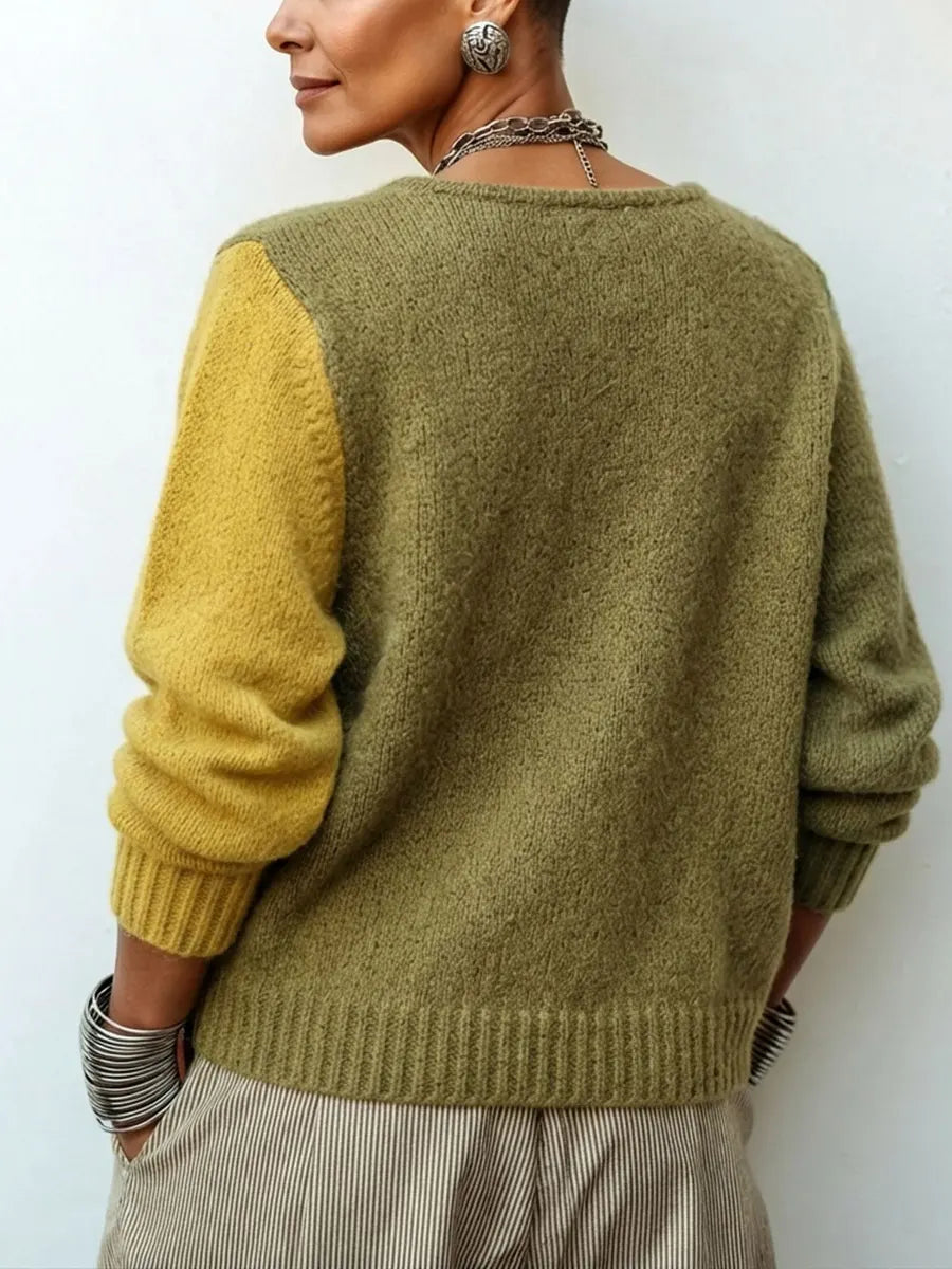 Sweater Color-Block Soft Knit Asymmetrical Button Closure