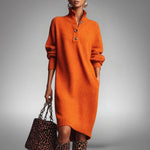Sweater Dress Oversized Midi Dense Knit Mock Neck & Button Placket