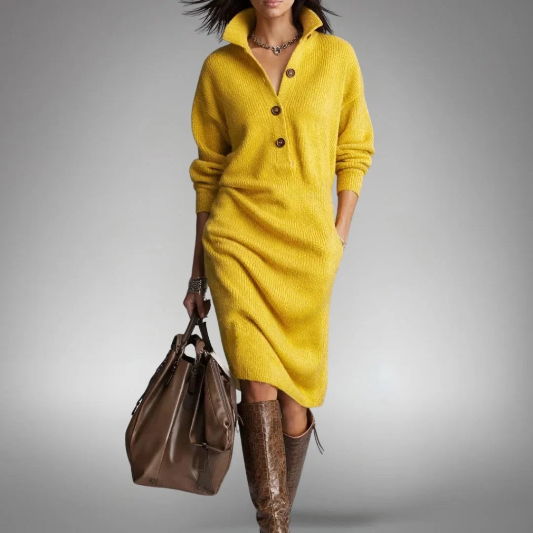 Sweater Dress Oversized Midi Dense Knit Mock Neck & Button Placket