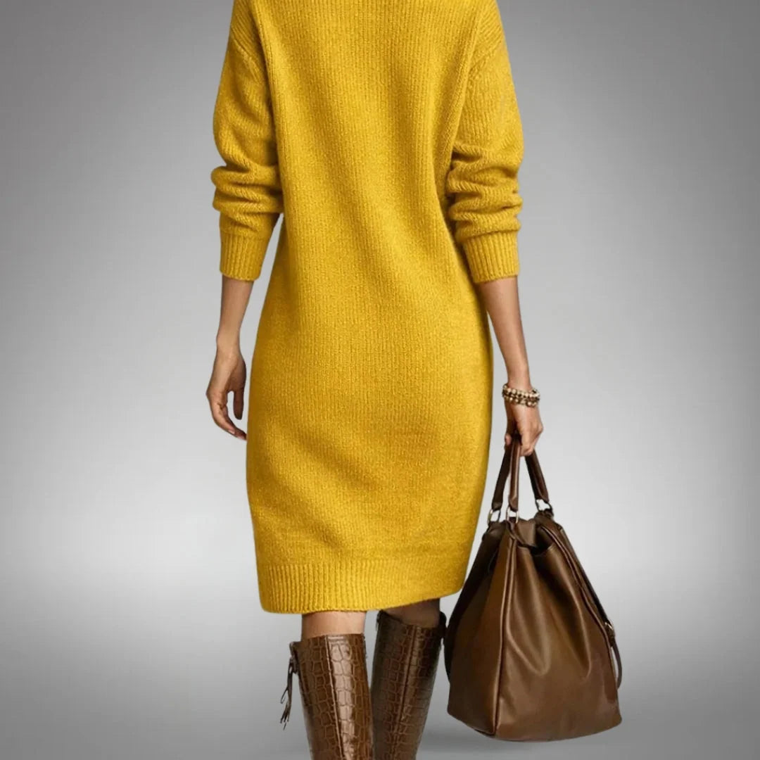 Sweater Dress Oversized Midi Dense Knit Mock Neck & Button Placket
