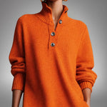 Sweater Dress Oversized Midi Dense Knit Mock Neck & Button Placket