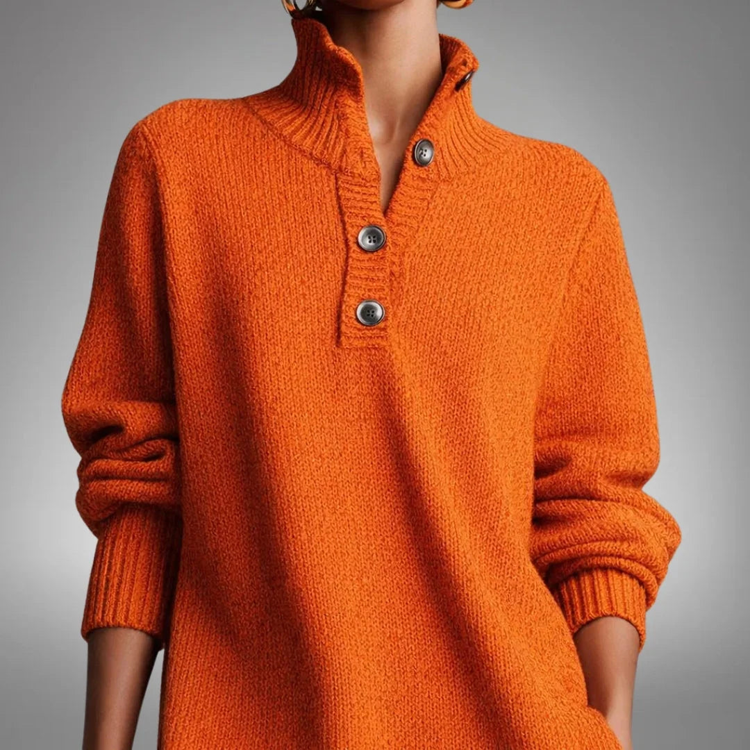 Sweater Dress Oversized Midi Dense Knit Mock Neck & Button Placket