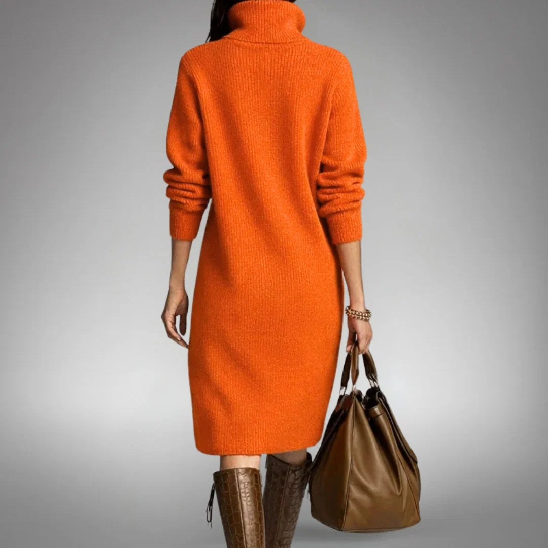 Sweater Dress Oversized Midi Dense Knit Mock Neck & Button Placket