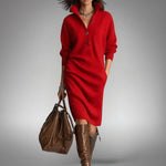 Sweater Dress Oversized Midi Dense Knit Mock Neck & Button Placket