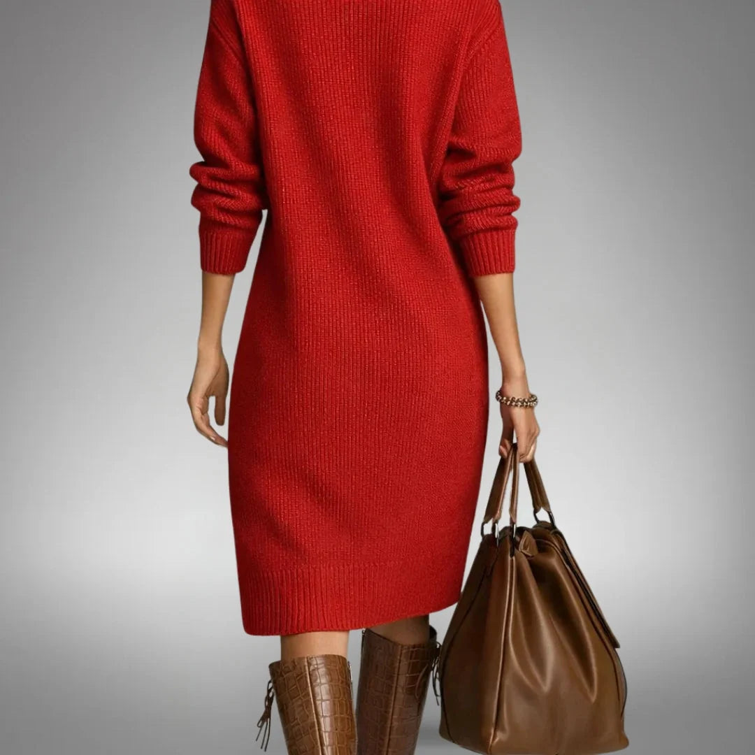 Sweater Dress Oversized Midi Dense Knit Mock Neck & Button Placket