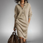 Sweater Dress Oversized Midi Dense Knit Mock Neck & Button Placket