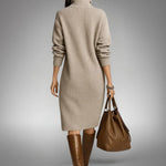 Sweater Dress Oversized Midi Dense Knit Mock Neck & Button Placket
