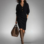 Sweater Dress Oversized Midi Dense Knit Mock Neck & Button Placket