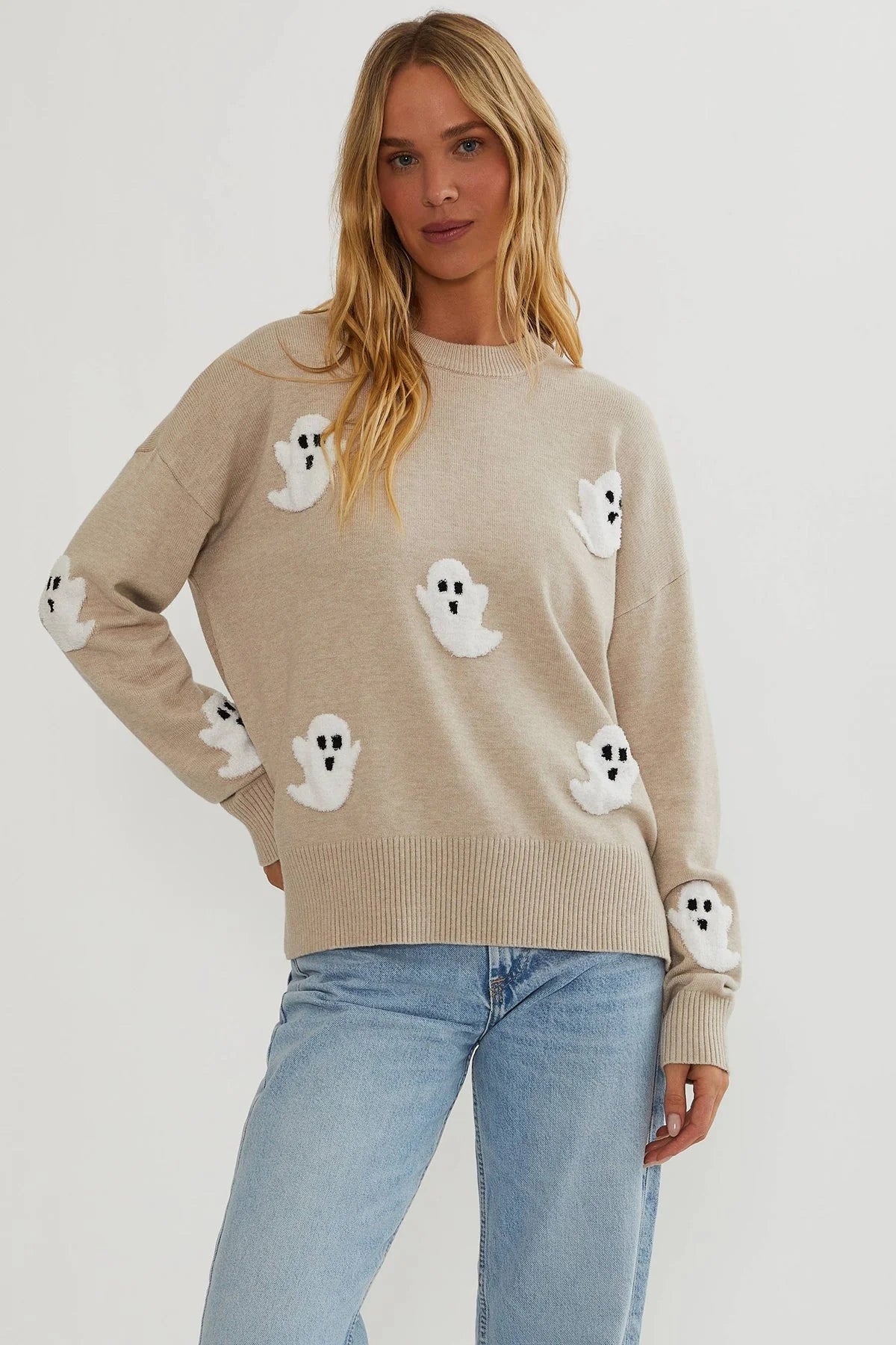 Sweater Lightweight Knit Textured Ghost Appliqués Relaxed Fit