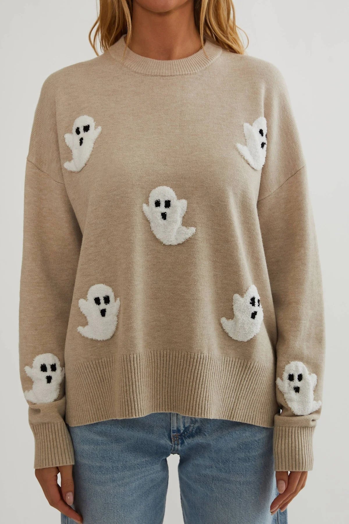 Sweater Lightweight Knit Textured Ghost Appliqués Relaxed Fit