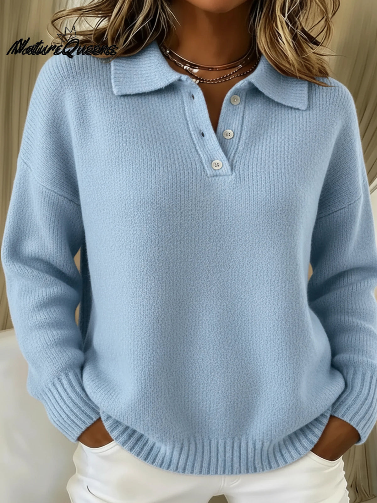Sweater Long Sleeve Polo Collar Stretch Cotton Blend