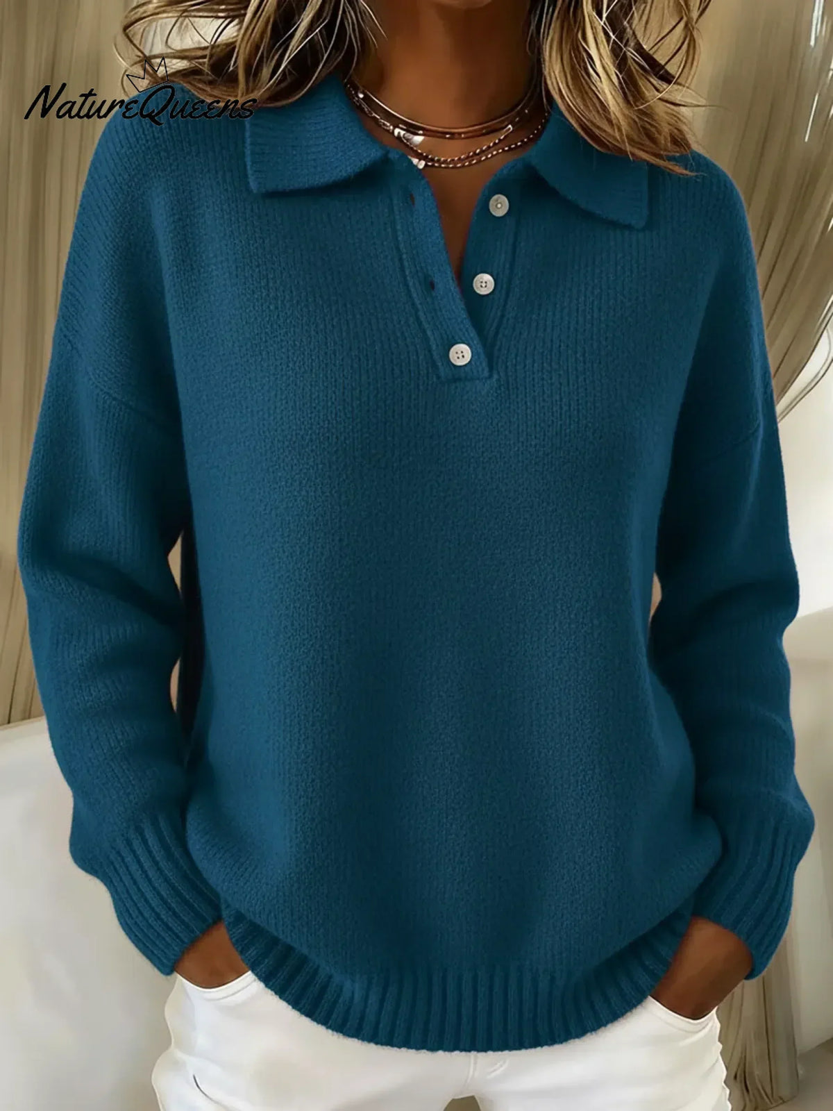 Sweater Long Sleeve Polo Collar Stretch Cotton Blend