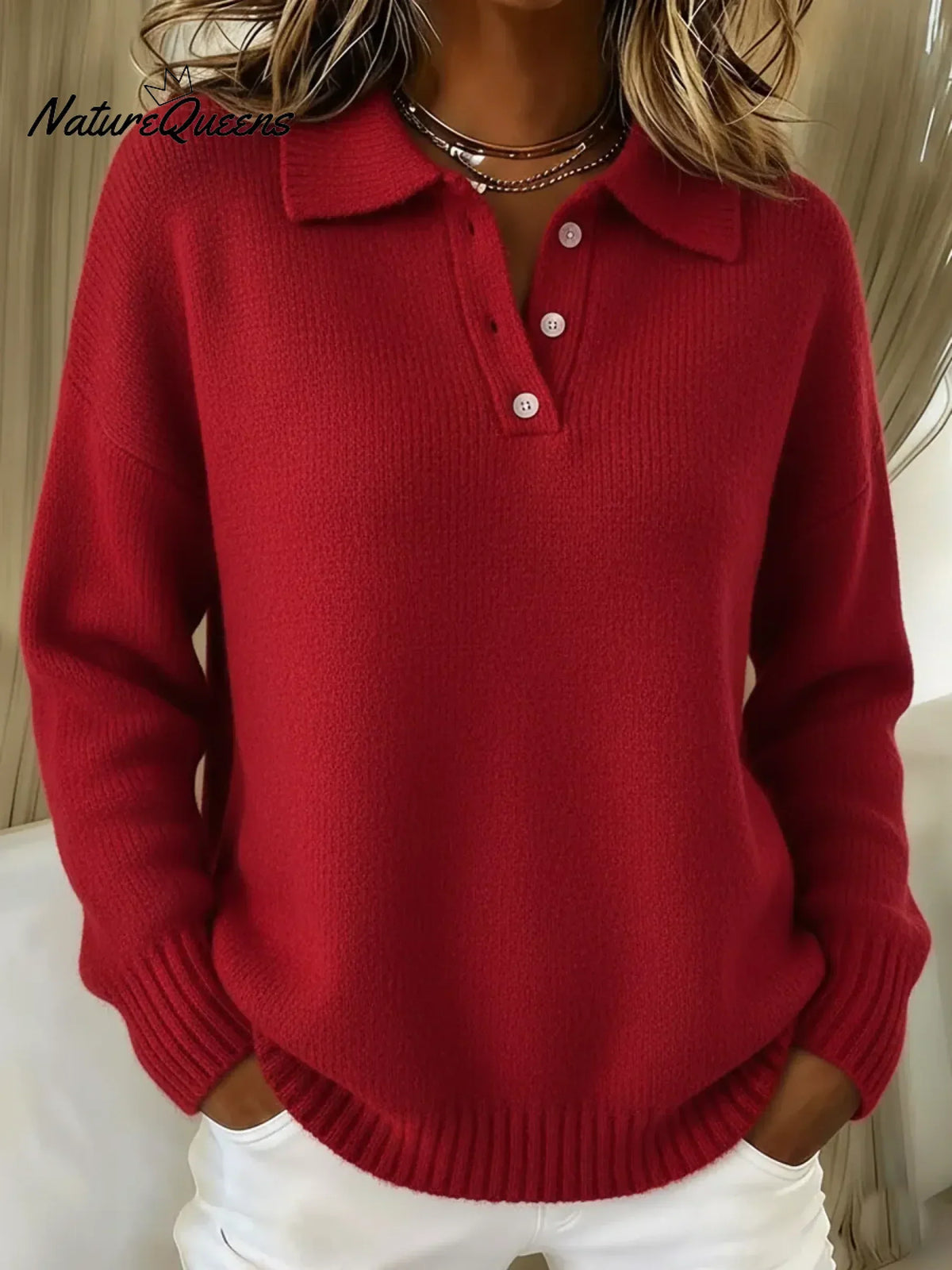 Sweater Long Sleeve Polo Collar Stretch Cotton Blend