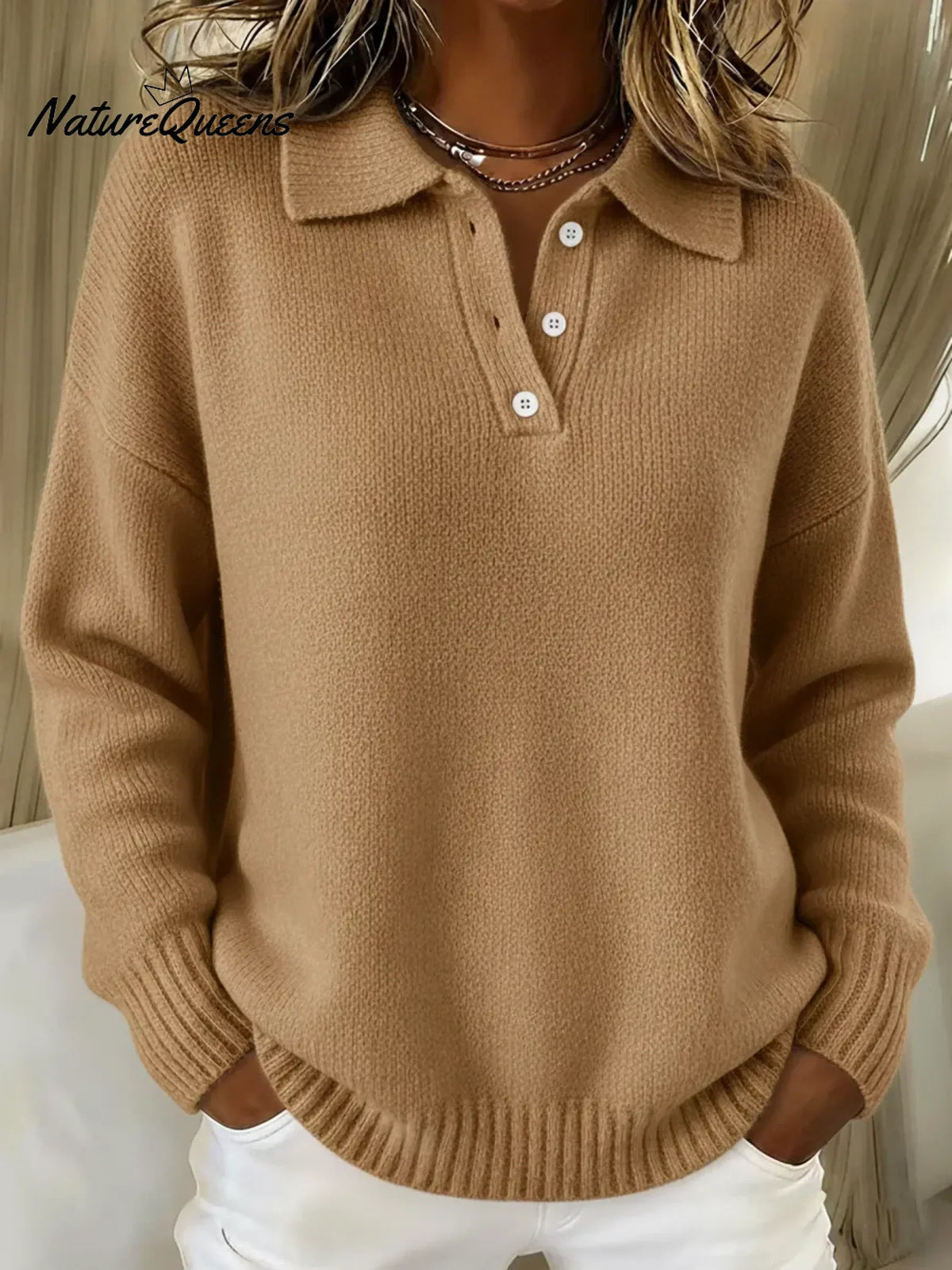 Sweater Long Sleeve Polo Collar Stretch Cotton Blend