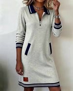 Sweatshirt Dress Quarter-Zip Polo Collar Front Pockets