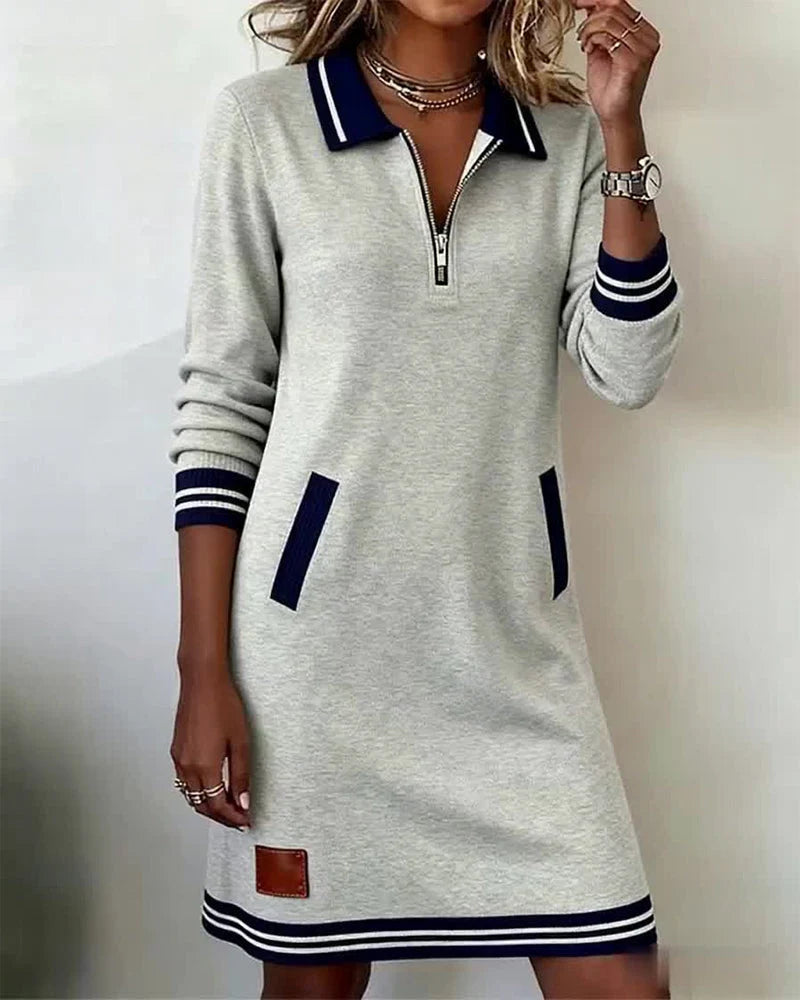Sweatshirt Dress Quarter-Zip Polo Collar Front Pockets