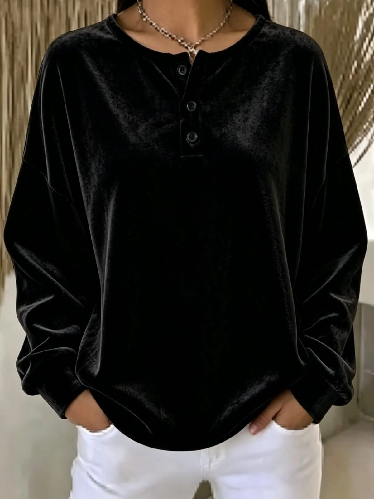 Sweatshirt Velour Oversized Henley Button Placket