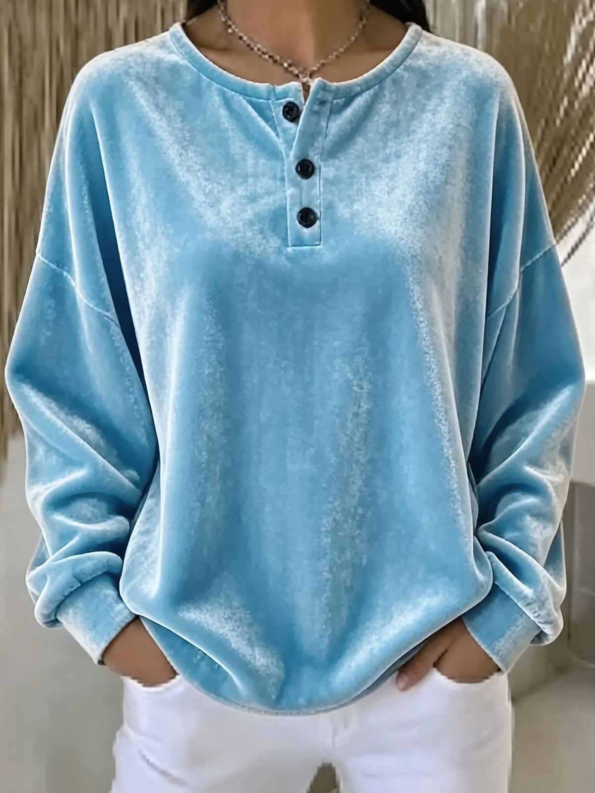 Sweatshirt Velour Oversized Henley Button Placket