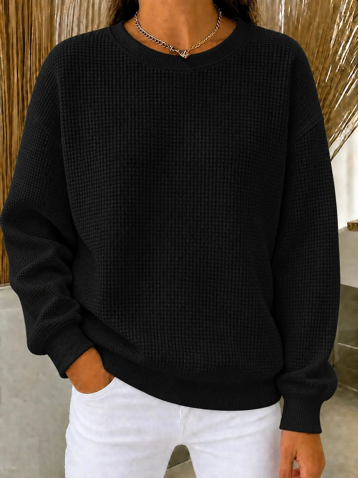 Sweatshirt Waffle Knit Quarter-Zip Relaxed Fit