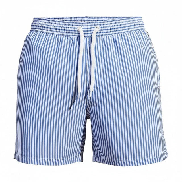 Swim Shorts Vertical Stripe Elastic Drawstring Waist & Side Pockets