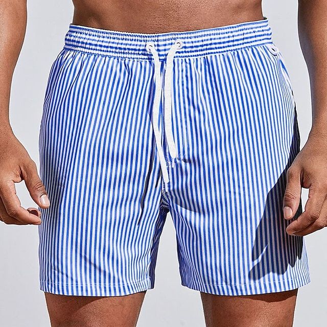 Swim Shorts Vertical Stripe Elastic Drawstring Waist & Side Pockets