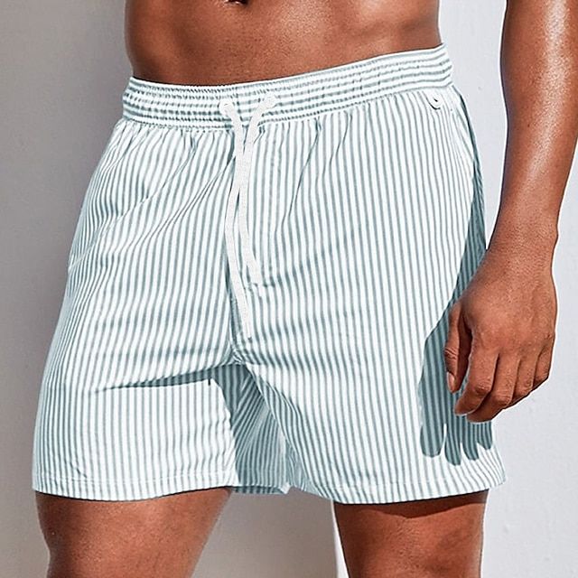 Swim Shorts Vertical Stripe Elastic Drawstring Waist & Side Pockets