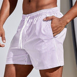 Swim Shorts Vertical Stripe Elastic Drawstring Waist & Side Pockets