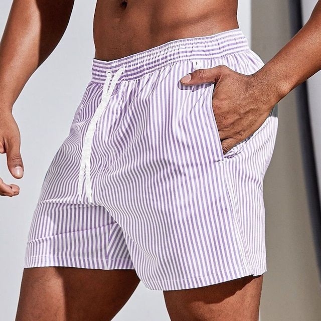 Swim Shorts Vertical Stripe Elastic Drawstring Waist & Side Pockets